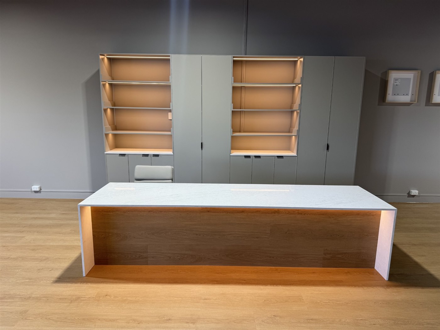 Reception counter and backlit joinery at Sleepy's Brendale